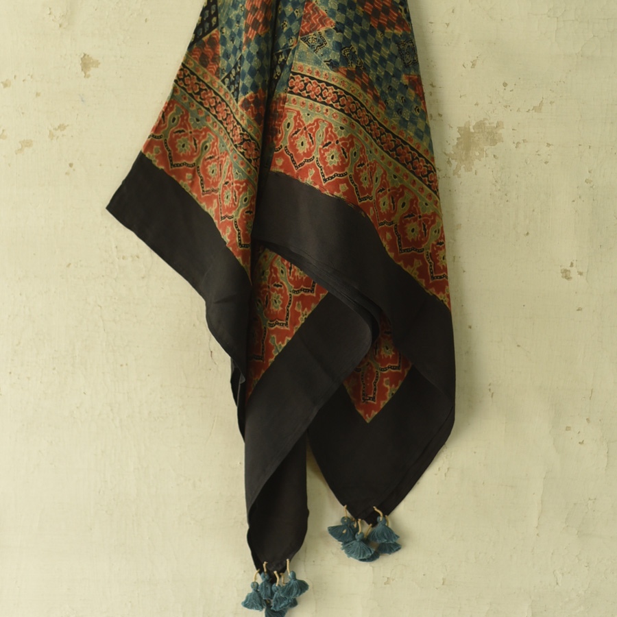 shop Hand Block Printed - Ajrakh Silk Checks Scarf
