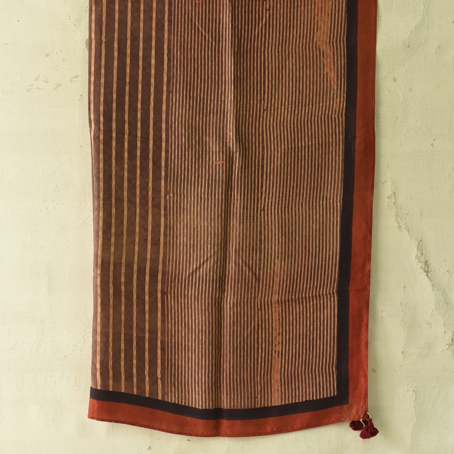 shop Hand Block Printed - Ajrakh Silk Scarf Brown & Red Strips
