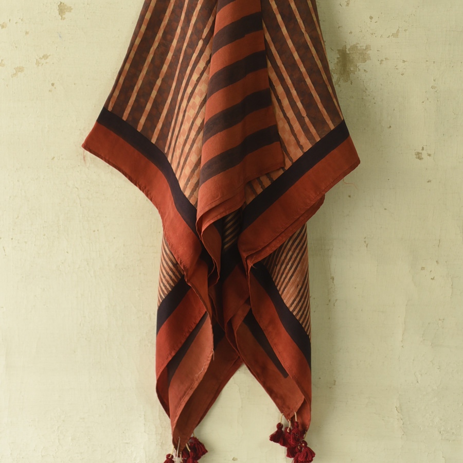shop Hand Block Printed - Ajrakh Silk Scarf Brown & Red Strips