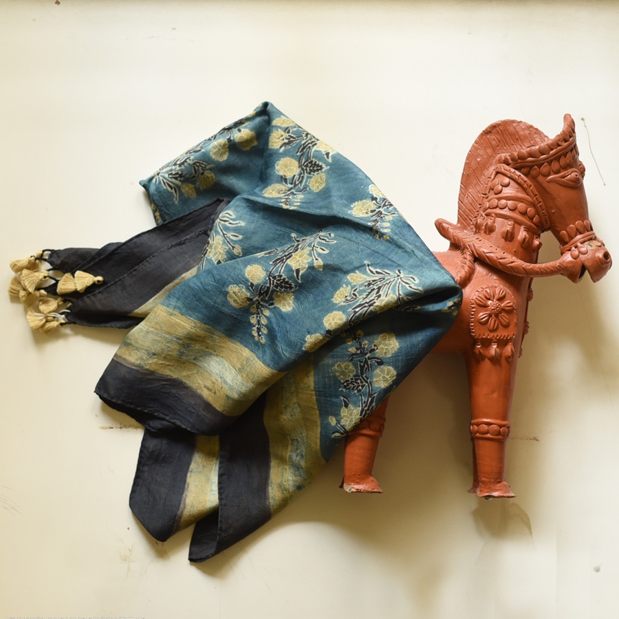 shop Hand Block Printed - Square Ajrakh Silk Blue Scarf 