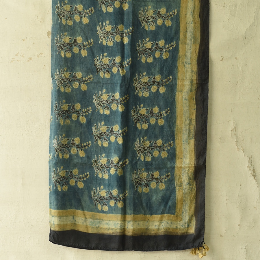shop Hand Block Printed - Square Ajrakh Silk Blue Scarf 