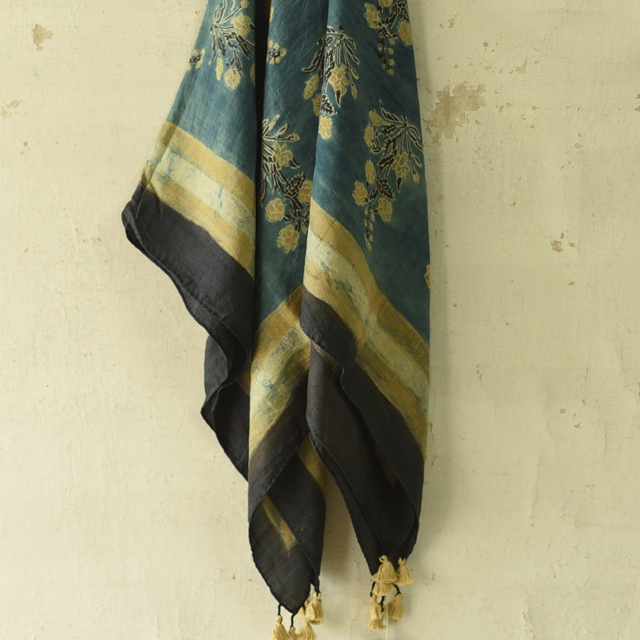 shop Hand Block Printed - Square Ajrakh Silk Blue Scarf 