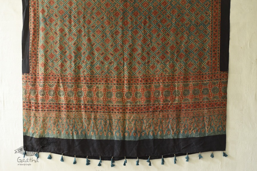 buy Ajrakh Mulberry Silk Dupatta ~ Natural Dyed