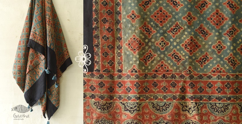 buy Ajrakh Mulberry Silk Dupatta ~ Natural Dyed