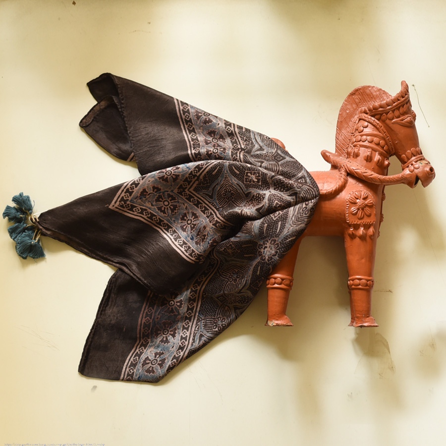 shop Hand Block Printed - Ajrakh Silk Black Scarf