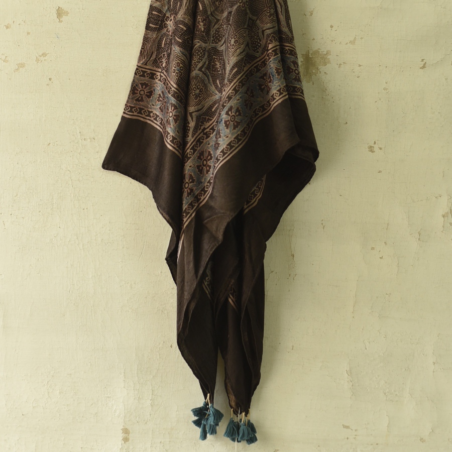 shop Hand Block Printed - Ajrakh Silk Black Scarf