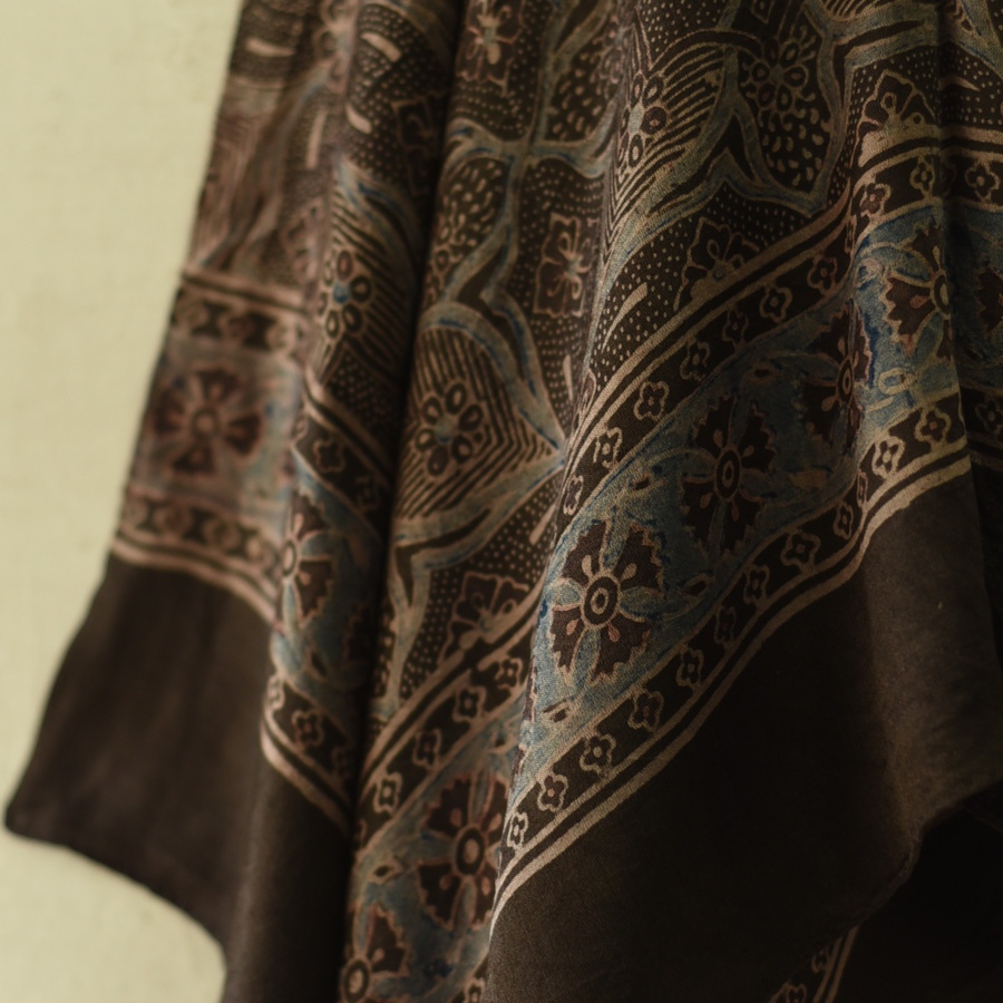 shop Hand Block Printed - Ajrakh Silk Black Scarf