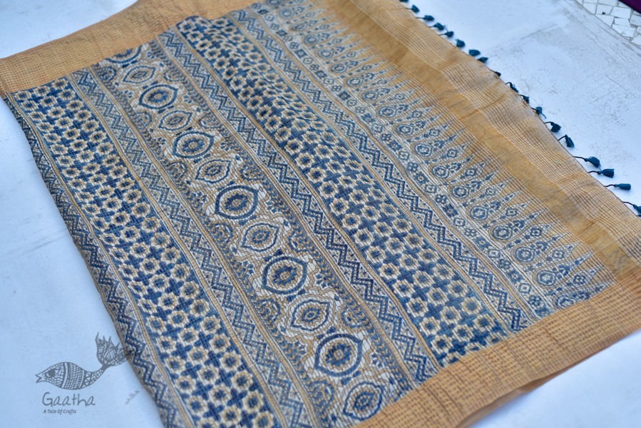 Organza ajrakh printed saree with zari border