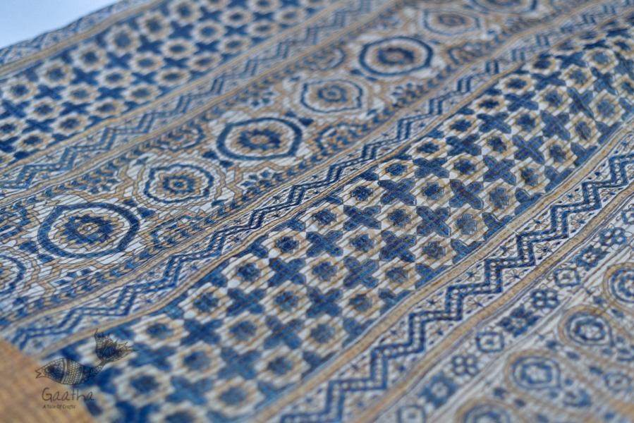 Organza ajrakh printed saree with zari border