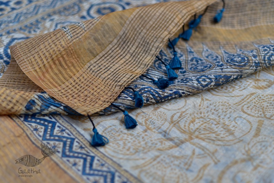 Organza ajrakh printed saree with zari border