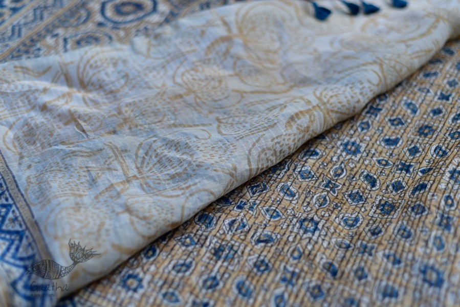 Organza ajrakh printed saree with zari border
