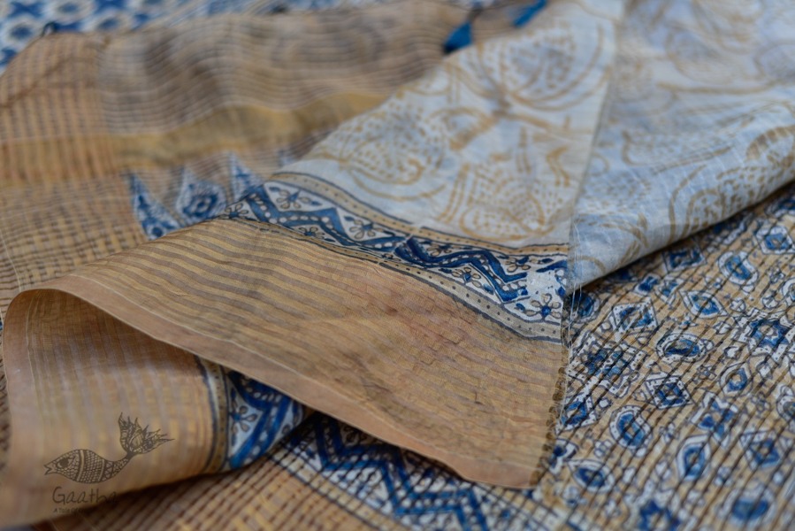 Organza ajrakh printed saree with zari border