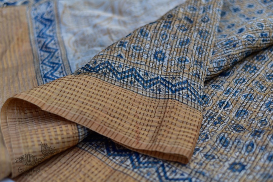Organza ajrakh printed saree with zari border