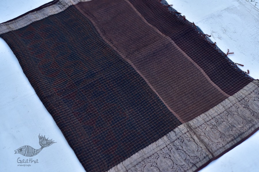 Organza ajrakh printed saree with zari border