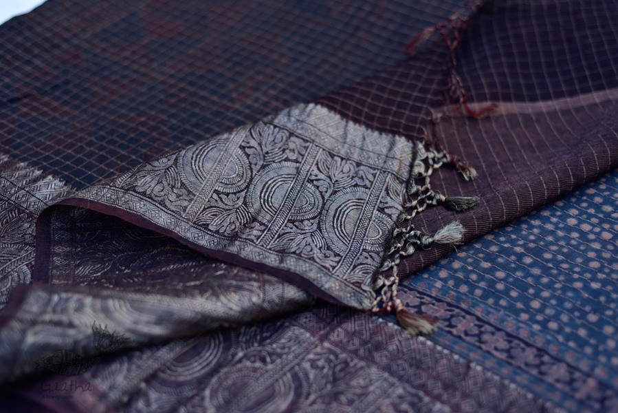 Organza ajrakh printed saree with zari border