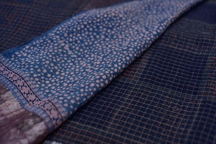 Organza ajrakh printed saree with zari border