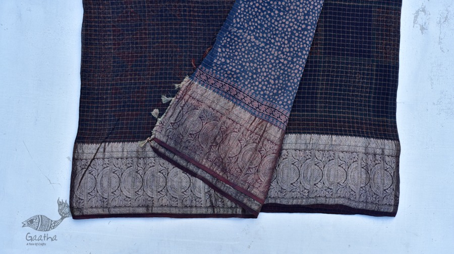 Organza ajrakh printed saree with zari border