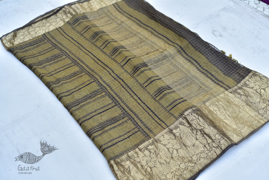 Organza ajrakh printed saree with zari border