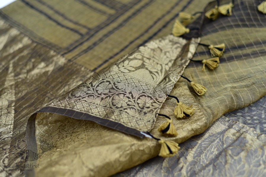 Organza ajrakh printed saree with zari border