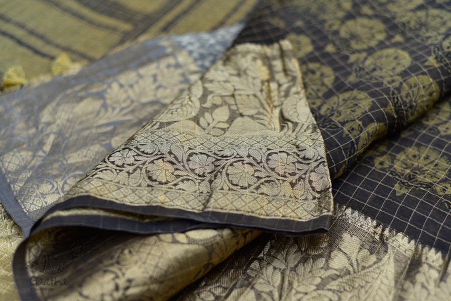 Organza ajrakh printed saree with zari border