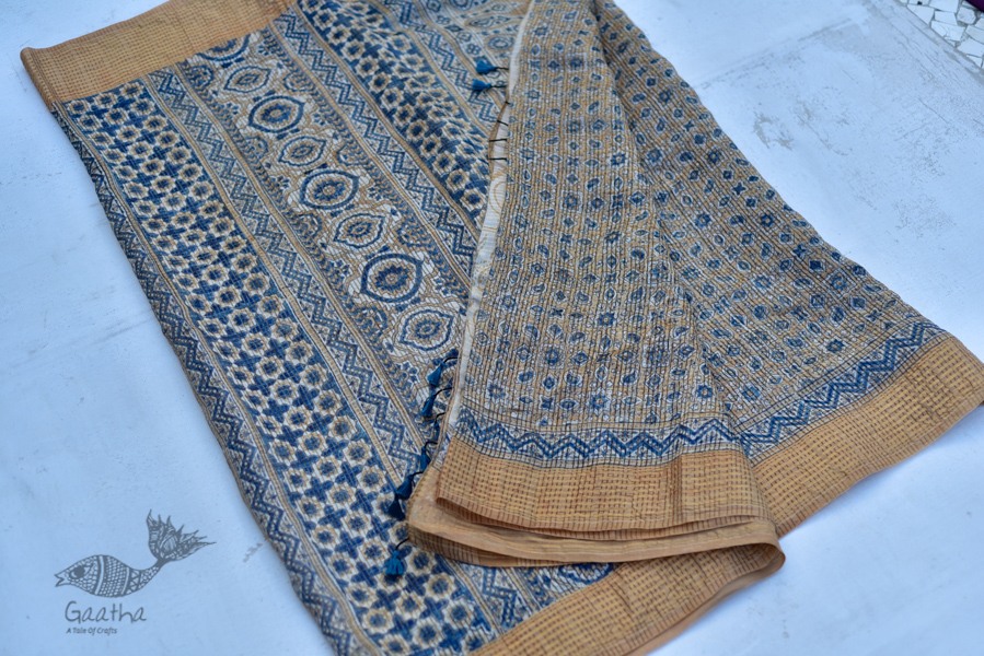 Organza ajrakh printed saree with zari border