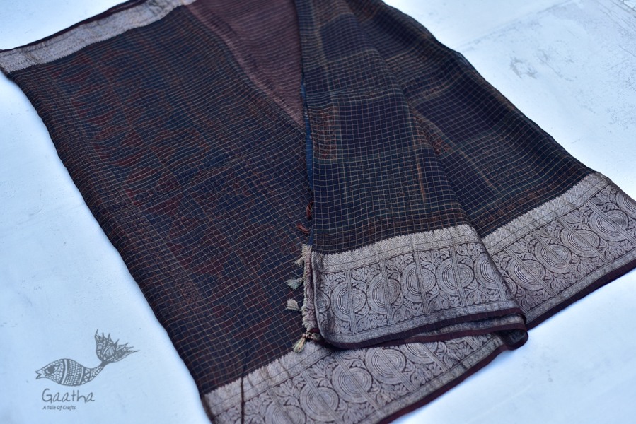 Organza ajrakh printed saree with zari border