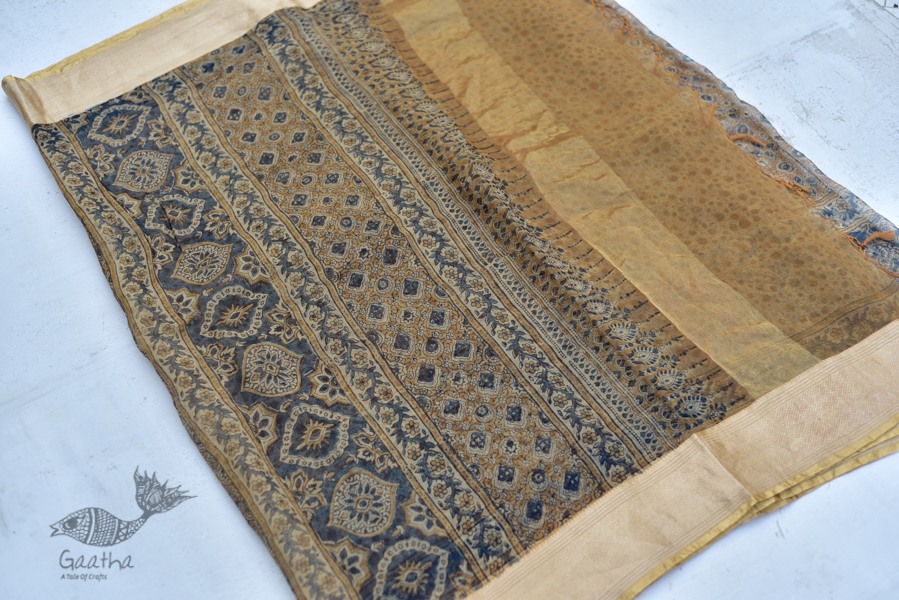 Organza ajrakh printed saree with zari border