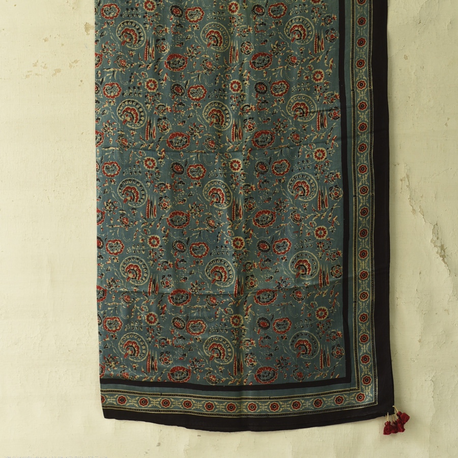 shop Hand Block Printed - Ajrakh Silk Scarf Flower Motif