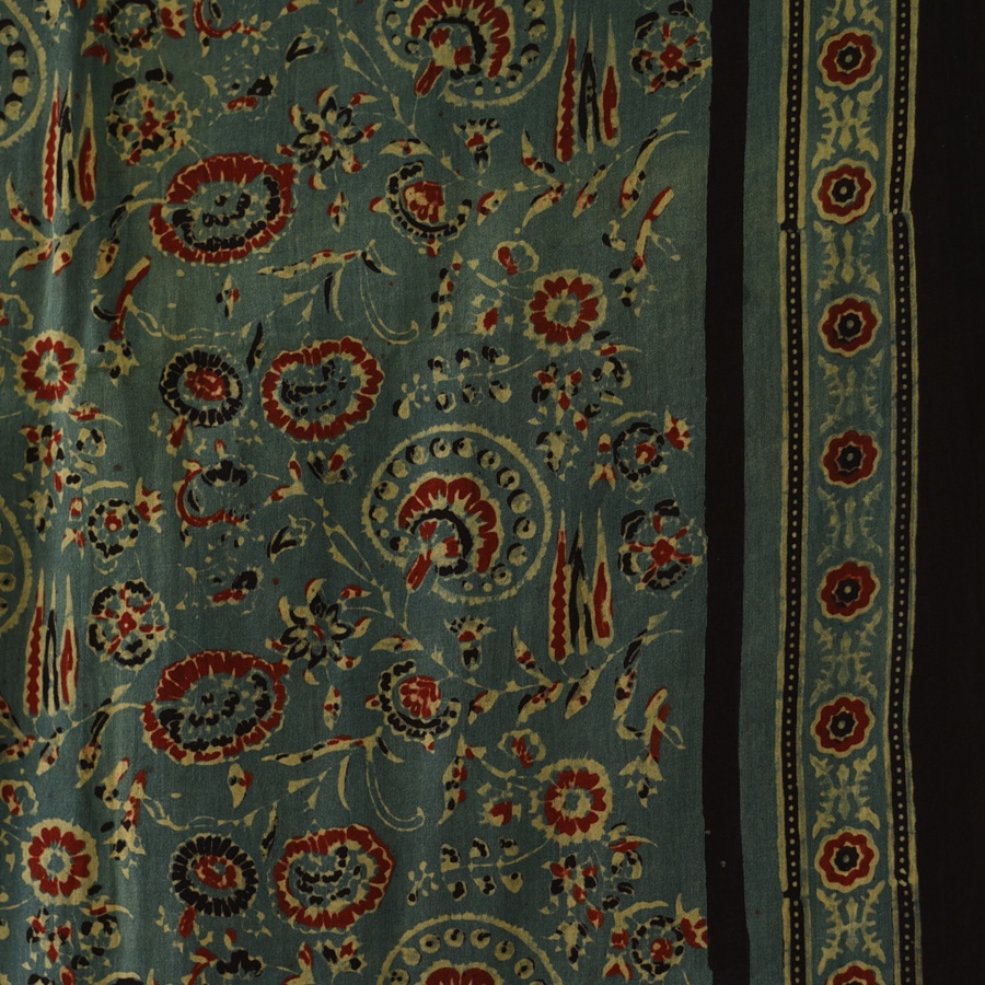 shop Hand Block Printed - Ajrakh Silk Scarf Flower Motif