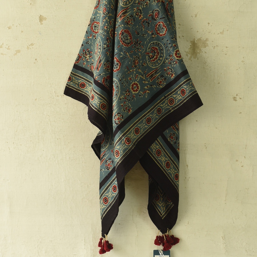 shop Hand Block Printed - Ajrakh Silk Scarf Flower Motif