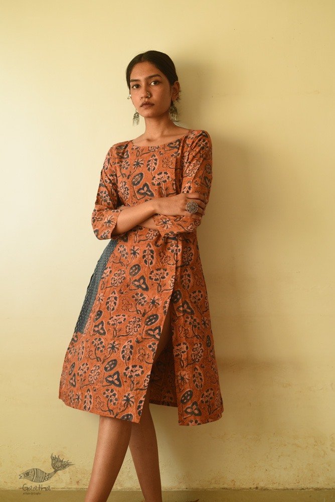 shop Ajrakh hand Block Printed Cotton brown Dress