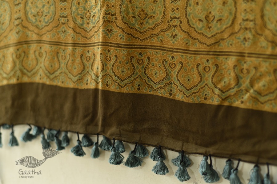 buy Ajrakh Natual Dyed Crape Dupatta - Green & Brown