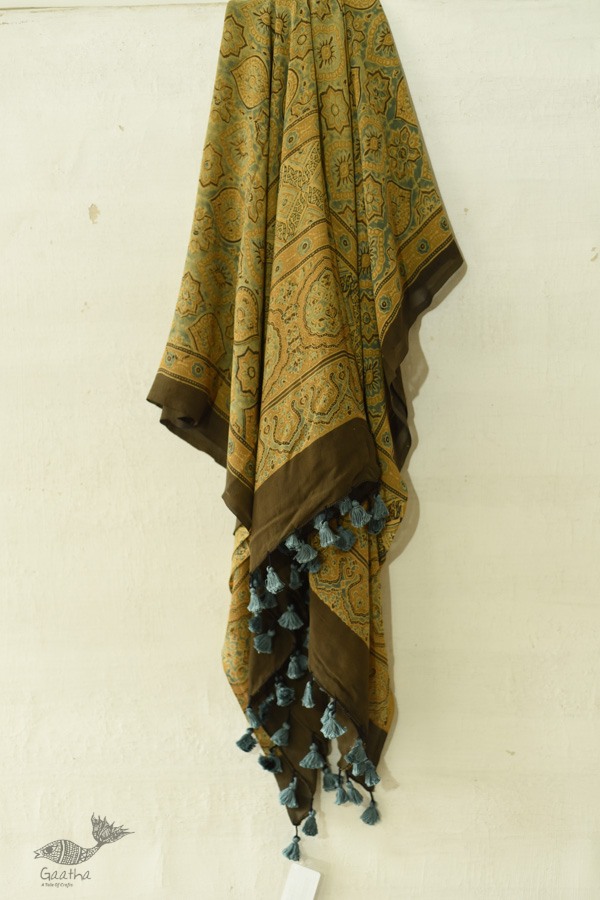 buy Ajrakh Natual Dyed Crape Dupatta - Green & Brown