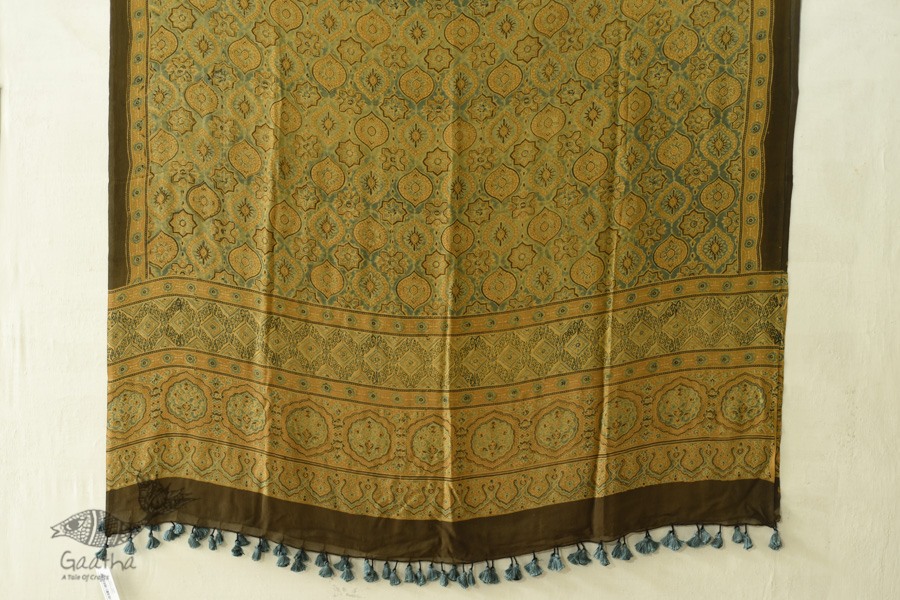 buy Ajrakh Natual Dyed Crape Dupatta - Green & Brown