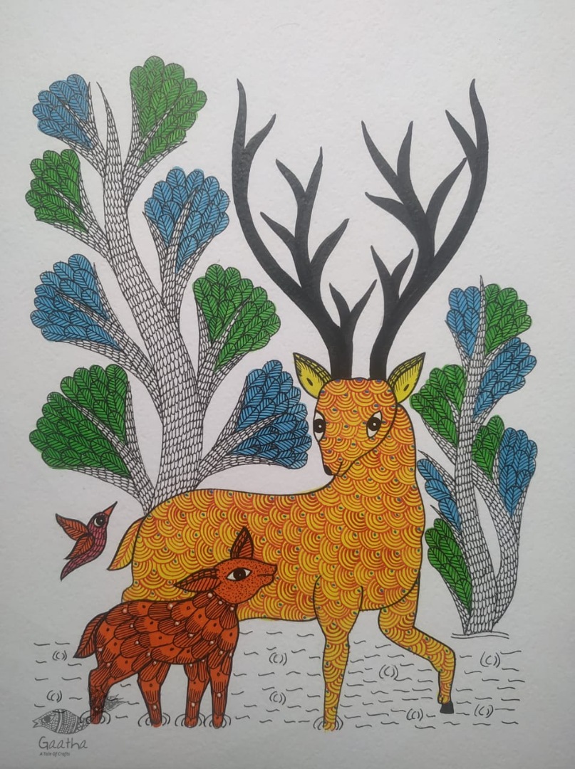 Buy Hand Painted Gond Painting - Mother deer with Baby deer