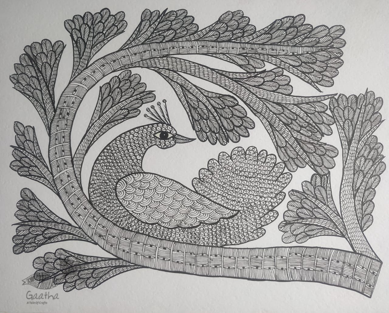 Buy Hand Painted Gond Painting Peacock Black & white 