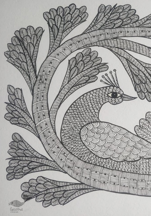 Buy Hand Painted Gond Painting Peacock Black & white 