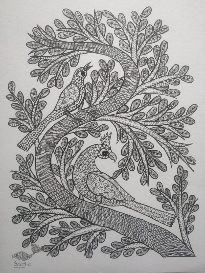 Buy Hand Painted Gond Painting - Black & White 