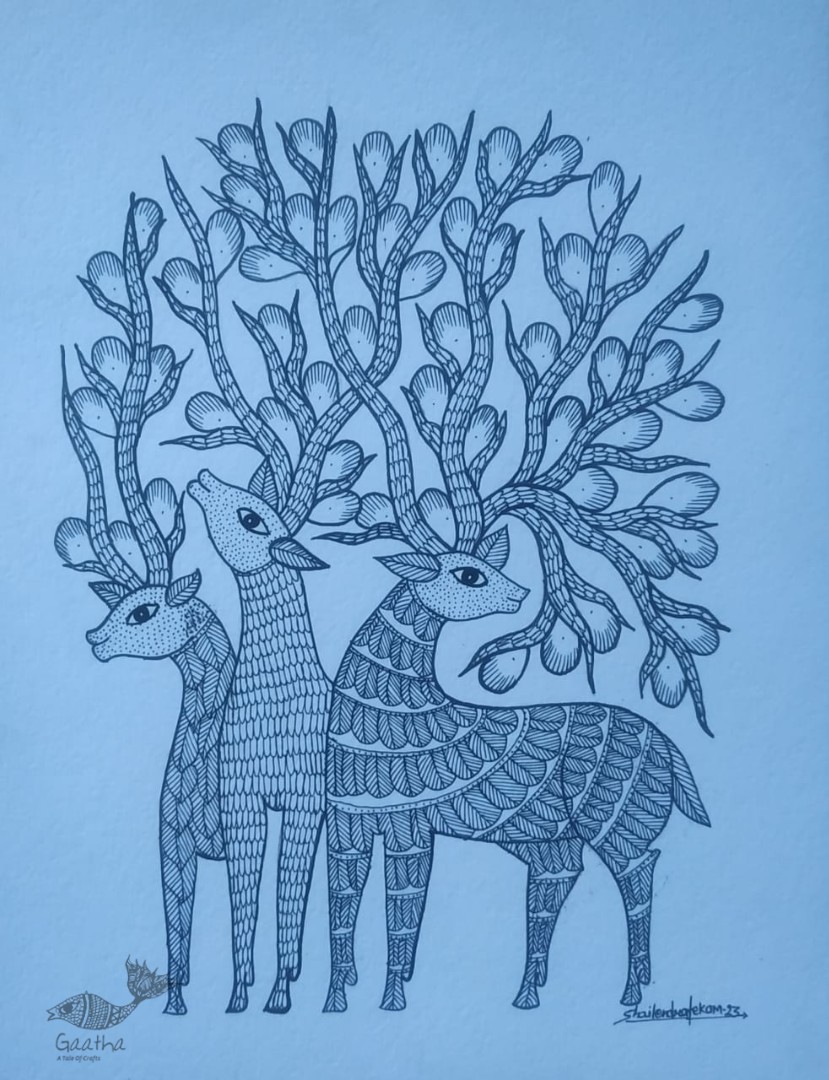 Buy Hand Painted Gond  Painting - Blue Paper sheet