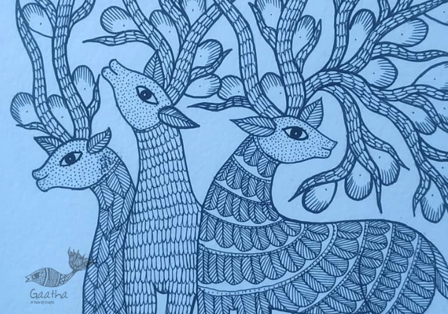 Buy Hand Painted Gond  Painting - Blue Paper sheet