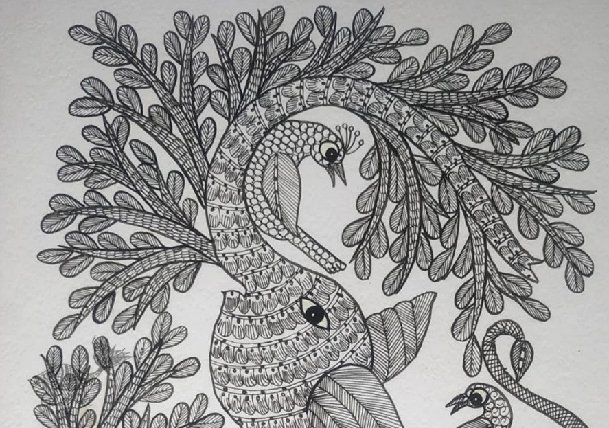 Buy Hand Painted Gond  Painting - Elephant Black & White