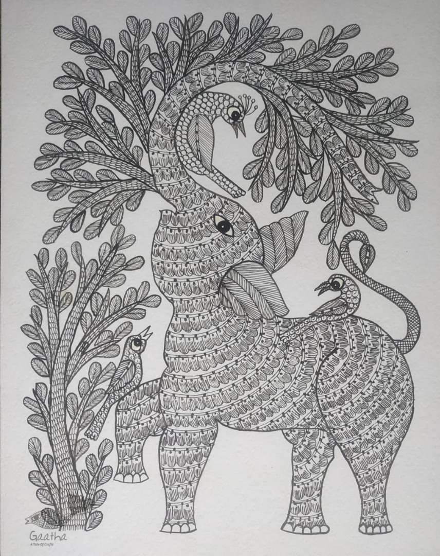 Buy Hand Painted Gond  Painting - Elephant Black & White