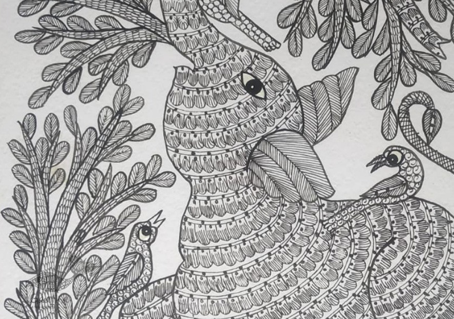 Buy Hand Painted Gond  Painting - Elephant Black & White