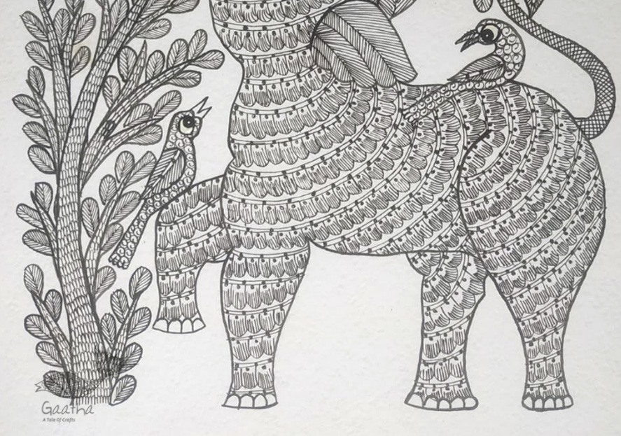 Buy Hand Painted Gond  Painting - Elephant Black & White