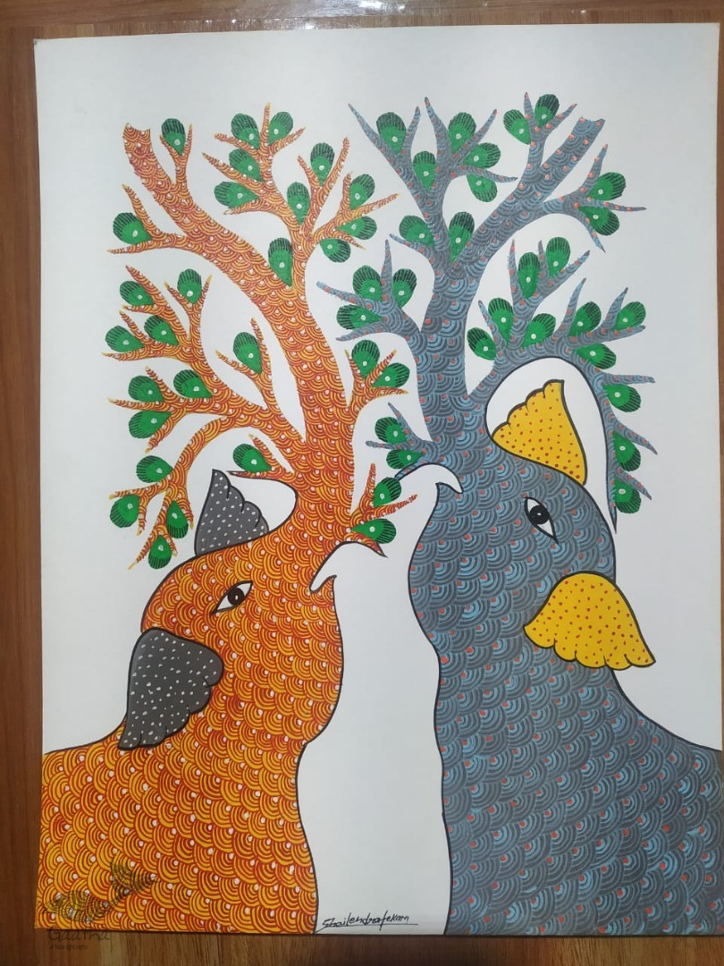 Buy Hand Painted Gond  Painting - Grey & Orange Elephants