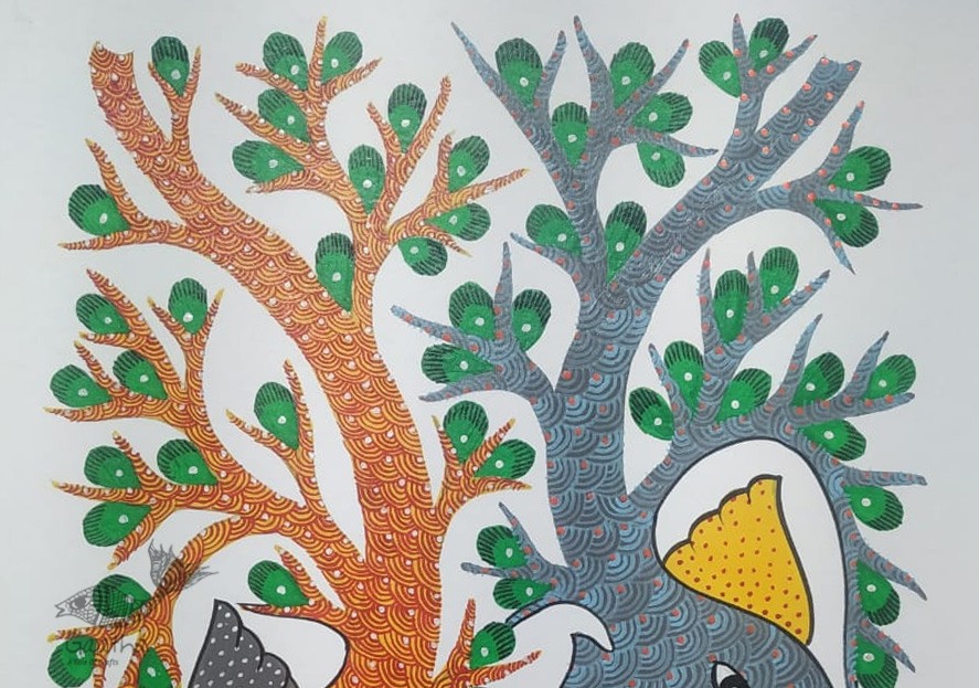 Buy Hand Painted Gond  Painting - Grey & Orange Elephants