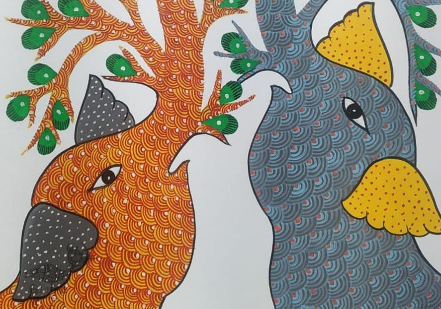 Buy Hand Painted Gond  Painting - Grey & Orange Elephants