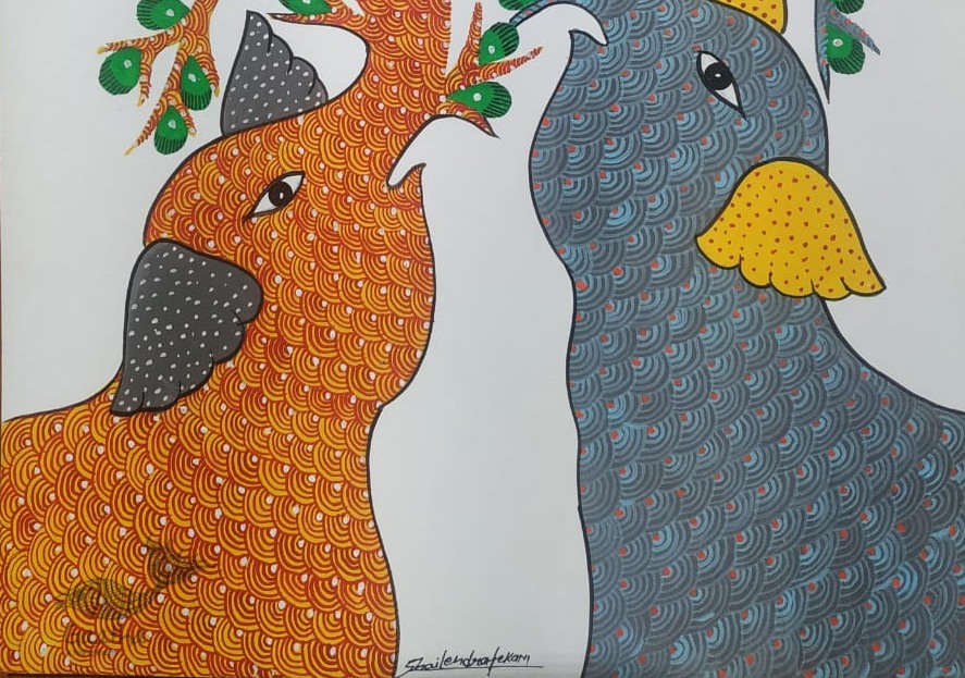 Buy Hand Painted Gond  Painting - Grey & Orange Elephants