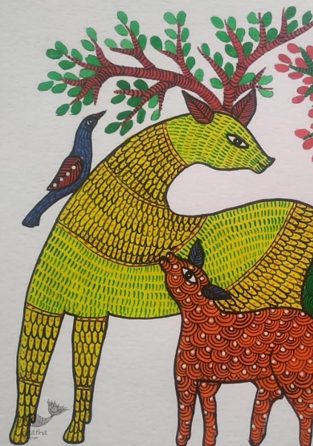 Buy Hand Painted Gond  Painting  - Deer Family