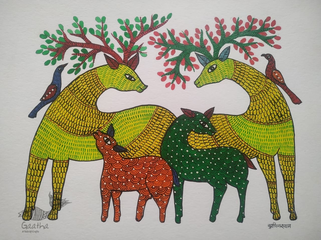 Buy Hand Painted Gond  Painting  - Deer Family